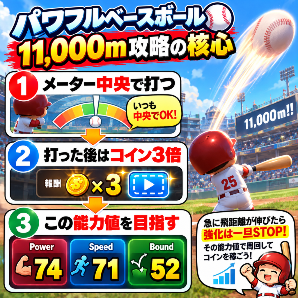 パワフルベースボールで11,000m到達を目指す最短攻略をまとめた図解。メーター中央で打ち、プレイ後はコイン3倍広告を利用して能力を強化し、最終的にPower74・Speed71・Bound52を目標にする。途中で急に飛距離が伸びる能力値に当たった場合は強化を止め、その状態で周回してコインを稼ぐ。
