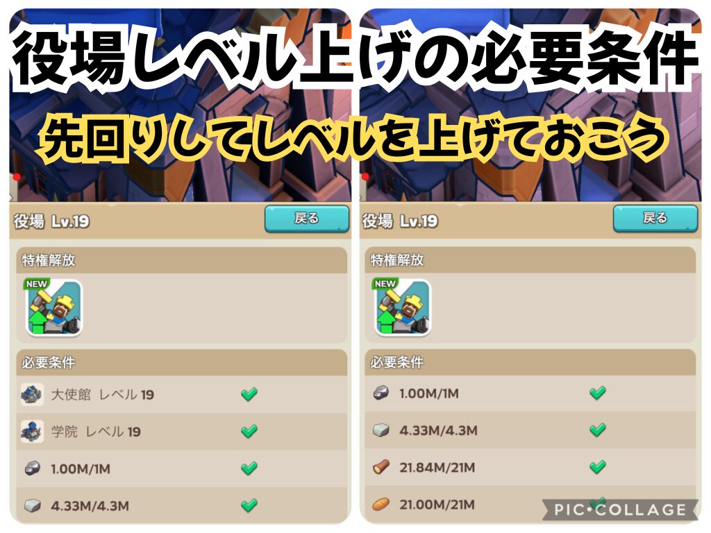 役場レベル上げの必要条件（前提条件）を示す画像