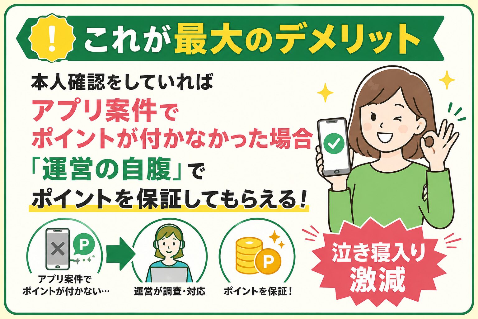 本人確認をしない最大のデメリットはアプリポイントあんしん保証を受けられないこと！を強調する画像