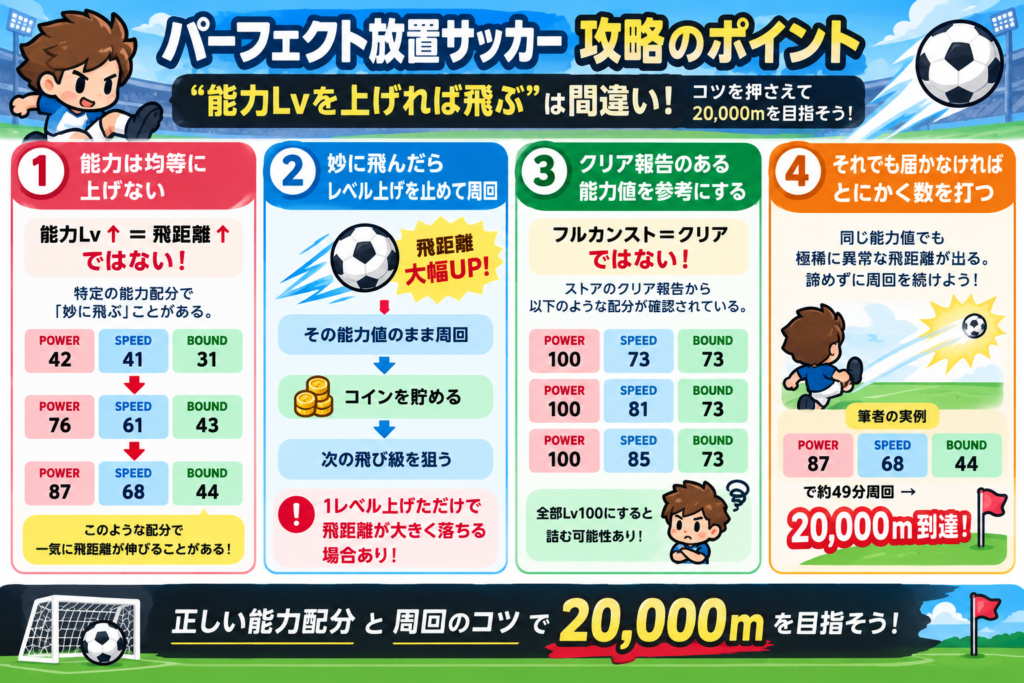 パーフェクト放置サッカーで飛距離20,000mを目指すための攻略ポイントをまとめた図解。能力レベルを上げれば必ず飛距離が伸びるわけではなく、特定の能力配分で突然「妙に飛ぶ」ことがあるため、能力を均等に上げ続けないことが重要。実測ではPOWER・SPEED・BOUNDの順に42/41/31、76/61/43、87/68/44といった配分で飛距離が大きく伸びる現象を確認。妙に飛ぶ能力配分を発見したら、すぐにレベルを上げず、その能力値を維持したまま周回してコインを貯める。能力を1レベル上げただけで飛距離が大きく落ちる場合もある。クリア報告のある能力配分として100/73/73、100/81/73、100/85/73などがあり、すべての能力を最大まで上げる「フルカンスト」をしても20,000mに届かず詰まる可能性がある。それでも届かない場合は同じ能力値で周回を続ける。同じ能力配分でも極めてまれに通常とは異なる飛び方をして飛距離が大幅に伸びることがあり、筆者は87/68/44の状態で約49分周回した後、突然20,000mに到達した。能力値を闇雲に上げるのではなく、妙に飛ぶ能力配分の維持、クリア報告のある配分の活用、繰り返し周回することが攻略のポイント。 