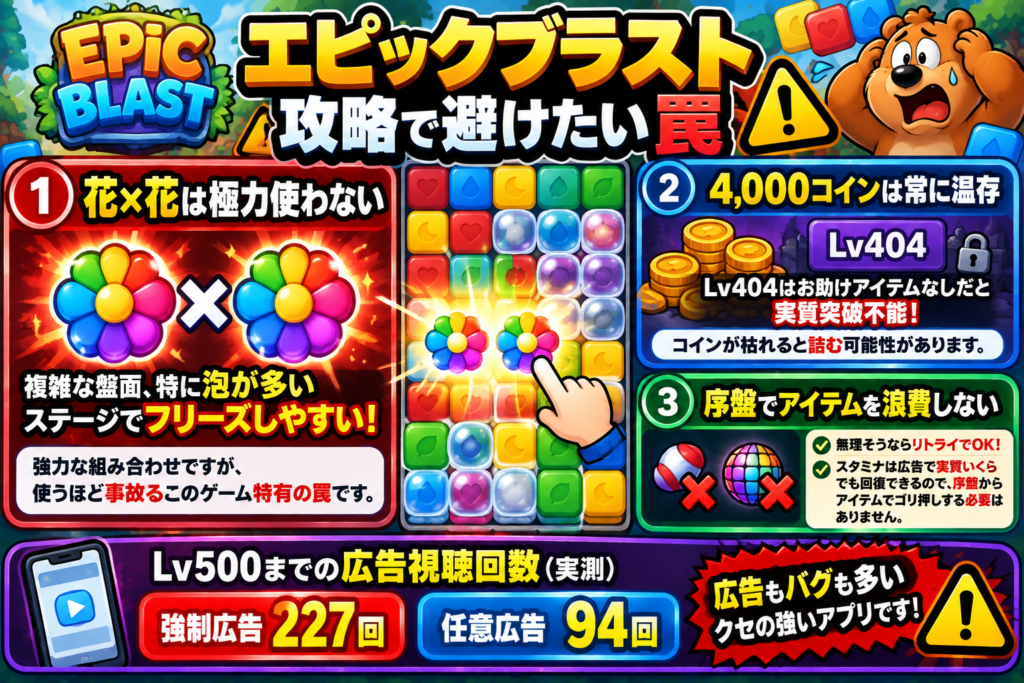 エピックブラストで避けるべき罠をまとめた図解。強力な「花×花」は複雑な盤面、とくに泡の多いステージでフリーズしやすいため極力使わない。Lv404ではお助けアイテムが必要になるため、4,000コイン程度を常に温存。序盤はアイテムを浪費せず、無理そうなら早めにリトライする。Lv500までの実測広告回数は強制227回、任意94回。
