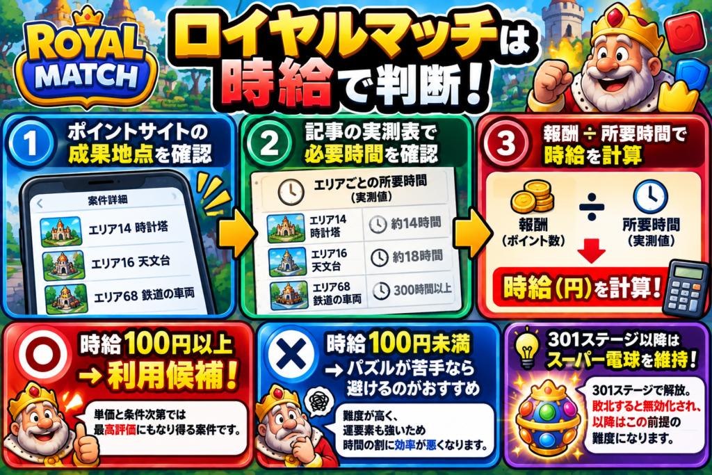ロイヤルマッチのポイ活案件を時給で判断する流れをまとめた図解。まずポイントサイトの成果地点を確認し、記事内の実測所要時間と照合して「報酬÷所要時間」で時給を計算する。時給100円以上なら利用候補、100円未満ならパズルが苦手な人は避ける判断を推奨。301ステージ以降はスーパー電球の維持も重要。