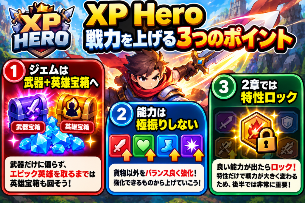 XP Heroで戦力を上げる重要ポイントを3つに絞った図解。ジェムは武器宝箱だけに偏らず、エピック英雄を得るまでは英雄宝箱にも使う。能力は貨物を除いて極振りせず、強化できる項目をバランスよく上げる。2章で解放される特性は、良い能力が出たらロックして保持するのが重要。