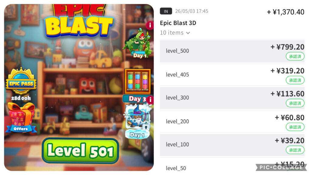 Level500をクリアしたことが分かるゲーム内画像と、Level500をクリアしてポイントを獲得したことがわかるポイント通帳の画像