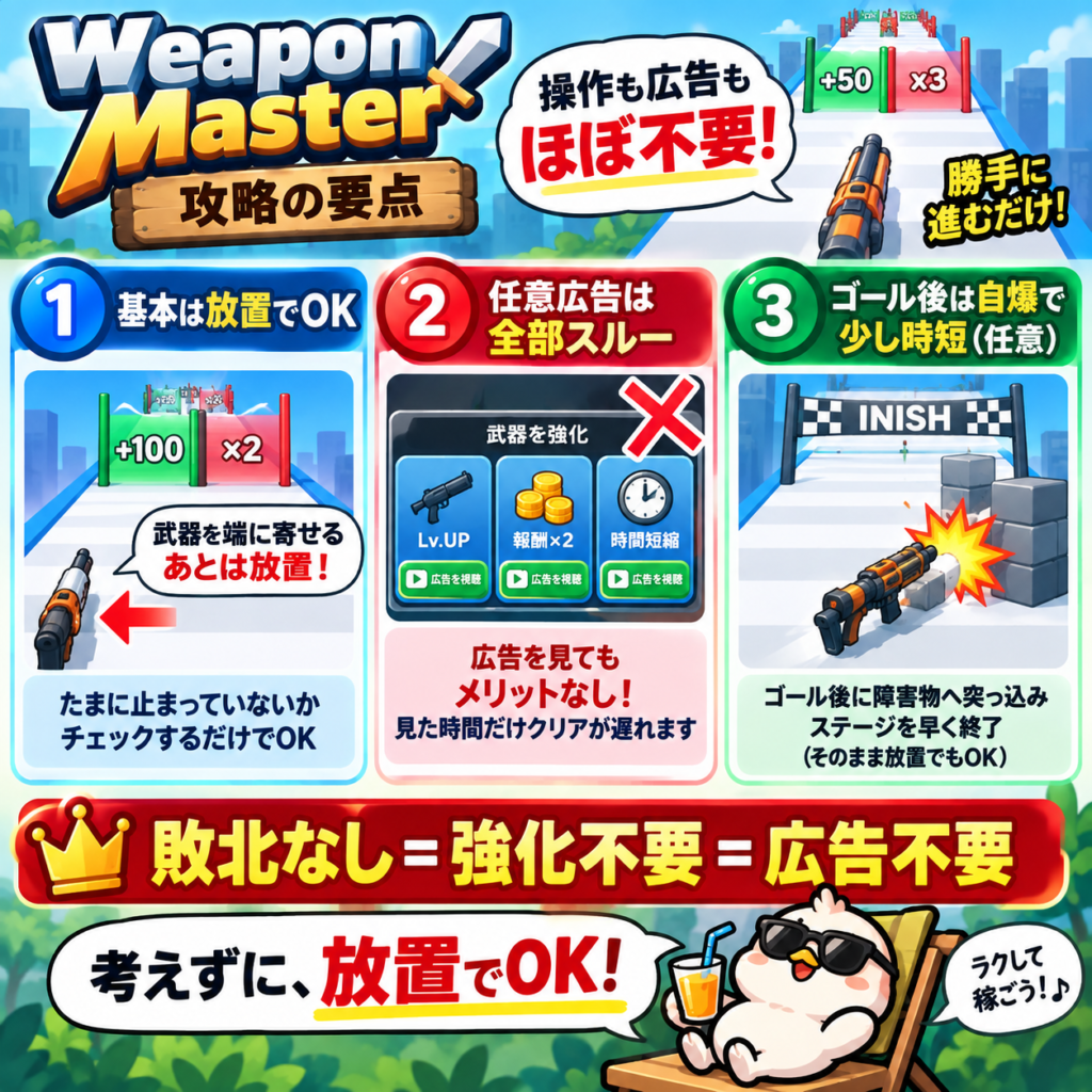 Weapon Masterのポイ活攻略要点をまとめた図解。ステージに敗北がないため、武器を端に寄せたら基本は放置で進行でき、たまに引っかかっていないか確認するだけでよい。武器強化や報酬増加などの任意広告は時短にならないため全スルー推奨。ゴール後は障害物にぶつかって自滅すると少し時短できるが、そのまま放置でも問題ない。