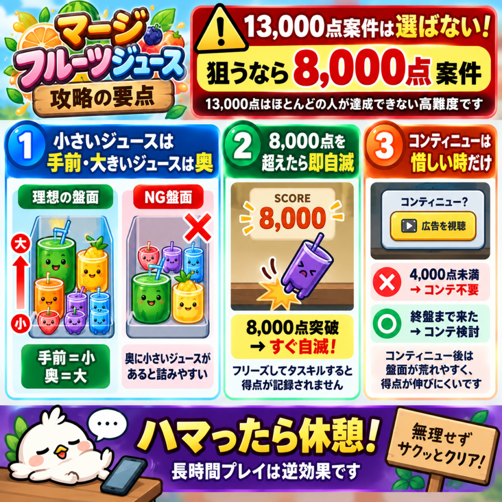 マージフルーツジュースの攻略要点をまとめた図解。13,000点案件は避けて8,000点案件を選び、小さいジュースを手前・大きいジュースを奥に配置する。8,000点を超えたらフリーズ対策ですぐ自滅し、コンティニューは4,000点未満では使わず、終盤だけ検討。長時間ハマったら休憩する。