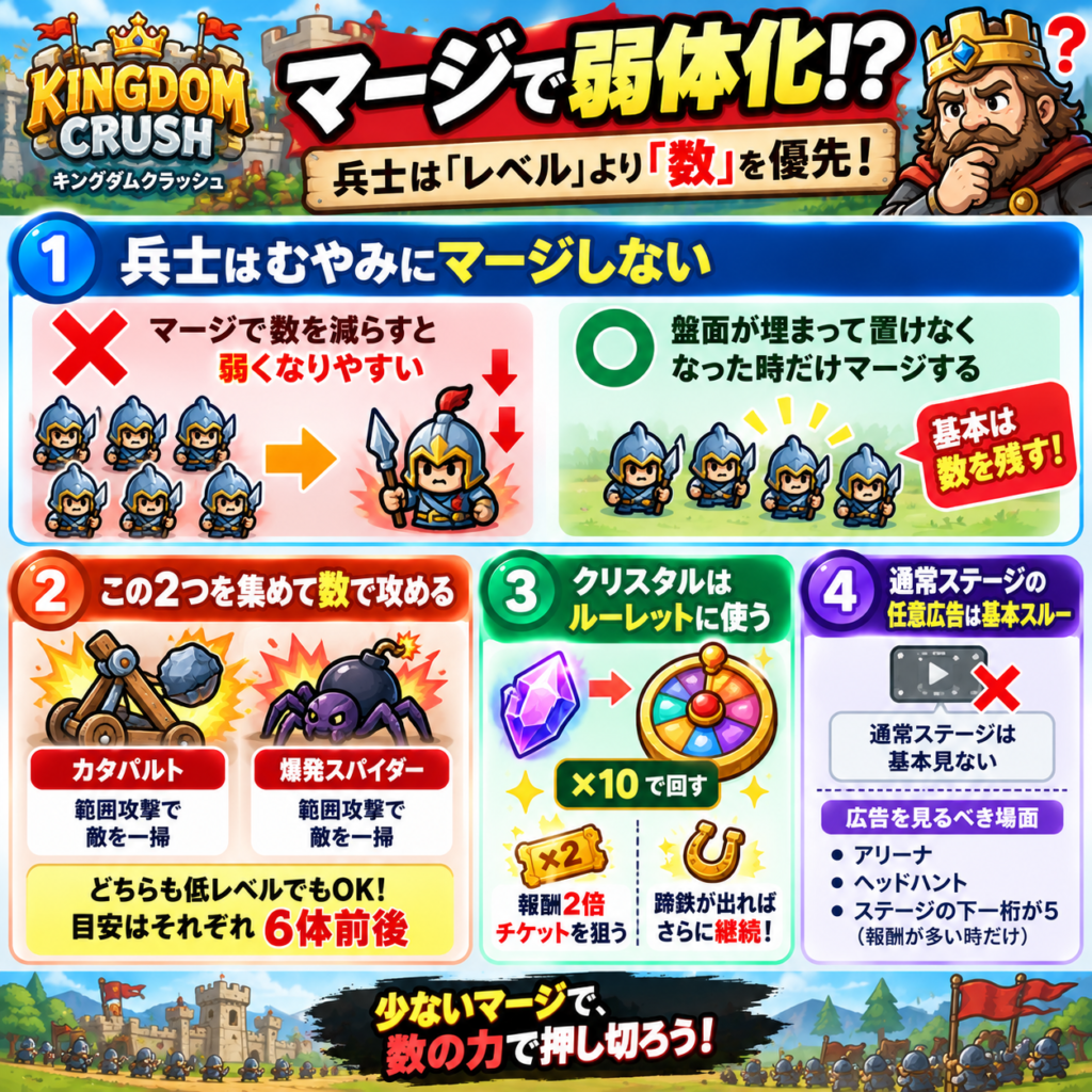 キングダムクラッシュの攻略要点をまとめた図解。兵士はマージで数を減らすと弱くなりやすいため、盤面が埋まるまでは数を優先する。カタパルトと爆発スパイダーは低レベルでも数を残し、各6体前後を目安に確保。クリスタルはルーレットに使い、報酬2倍チケットを狙う。通常ステージの任意広告は基本スルーし、アリーナ・ヘッドハントなど高報酬時だけ活用する。