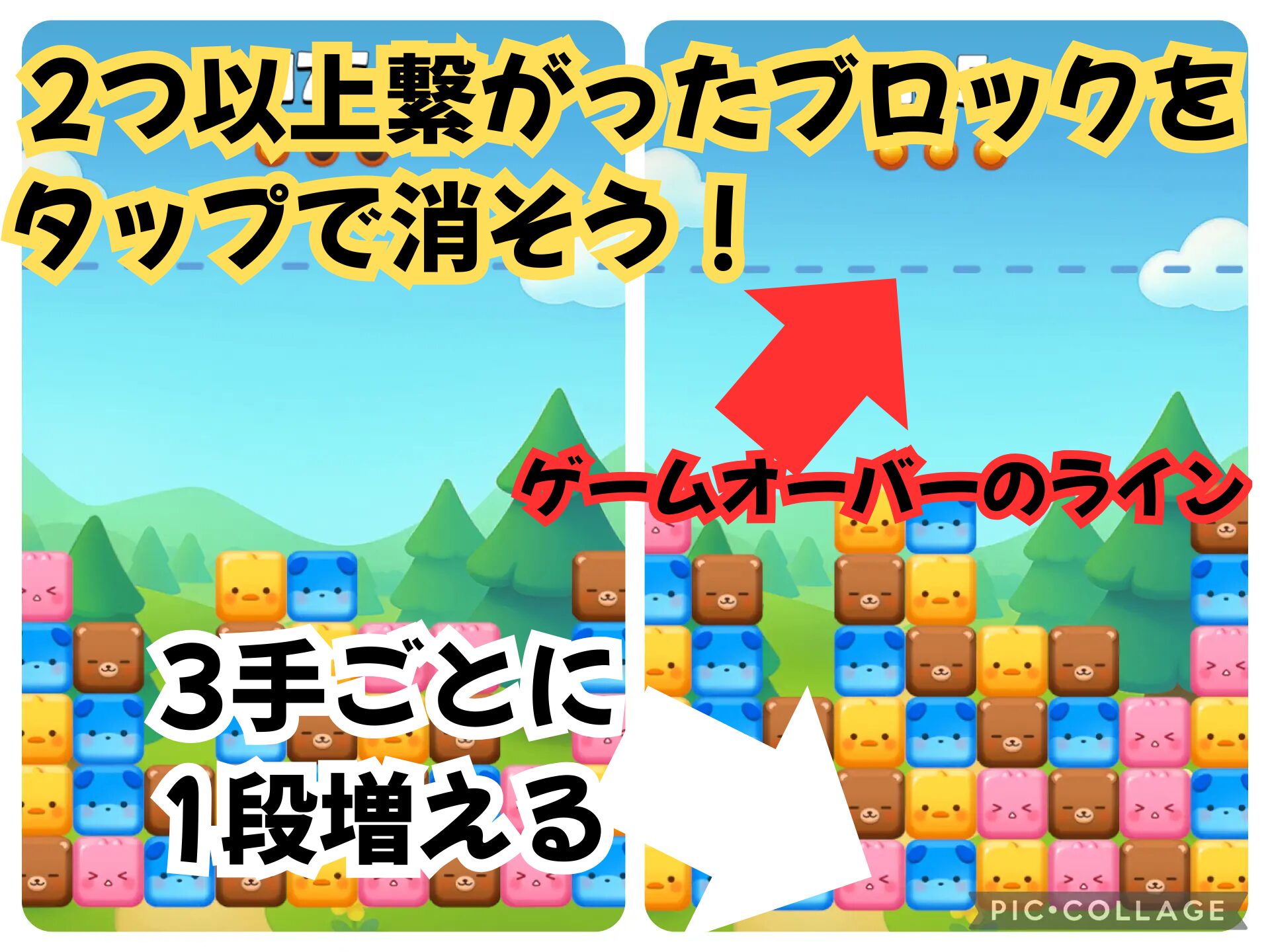 森のアニポップのゲーム性を示す画像（2つ以上繋がったブロックを消せること、3手ごとにブロックが1段増えること、ゲームオーバーのラインを図解）