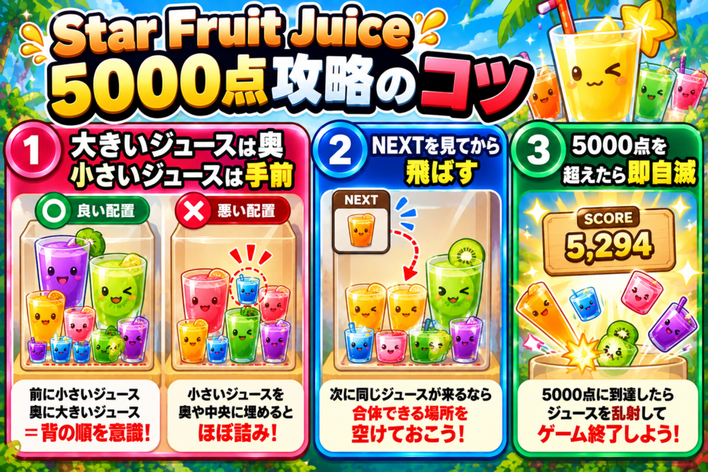 Star Fruit Juiceで5000点を狙う攻略のコツを3つに絞った図解。大きいジュースは奥、小さいジュースは手前に置いて背の順を崩さず、盤面の中央や奥に小さいジュースを埋めない。次に出るジュースを確認して合体しやすい位置を空け、5000点を超えたら長く続けず早めにゲームを終了する。