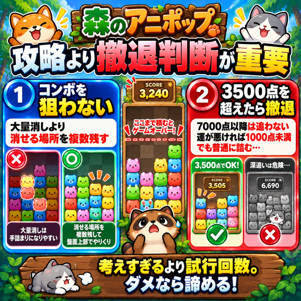 森のアニポップで3500点を狙う際の攻略方針をまとめた図解。大量消しによるコンボを狙うより、少ない繋がりでも消せる場所を複数残して盤面上部でやりくりし、手詰まりを避けることを優先する。3500点を超えたら深追いせず撤退し、7000点以降は狙わない。運の影響が非常に大きく、1000点未満で詰むこともあるため、考え込みすぎず試行回数を重ね、ダメなら早めに諦める。