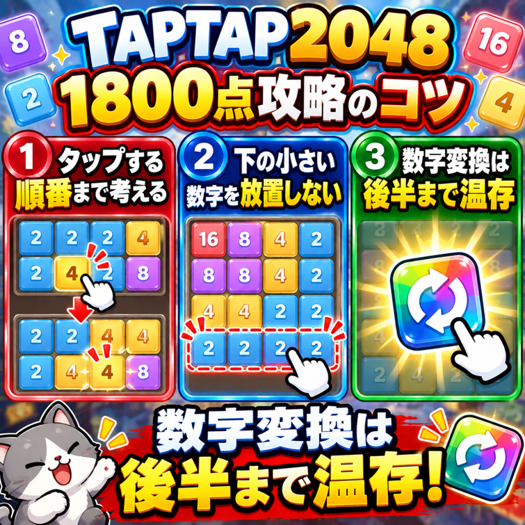 TAPTAP2048で1800点を狙う際の重要ポイントを3つに絞った図解。同じ数字を消せる場合でも、連鎖が起きるようタップする順番まで考える。盤面下部に小さい数字を残すと後半に消しにくくなるため、序盤の余裕があるうちに育てておく。数字変換アイテムは序盤で使わず、コンティニュー後や1800点が見えてきた後半まで温存する。