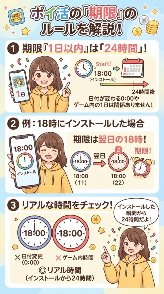 ポイ活の期限のルール解説画像。1日以内はインストールから24時間(例:18時インストールなら翌日18時)であり、日付変更の0:00やゲーム内時間は関係ないことを、かわいい女性のイラストと大きな文字で分かりやすく解説しています。