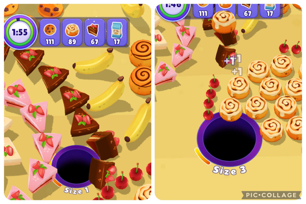 ゲーム開始後に小さいオブジェクトから狙う(吸い込む)優位性を示す比較画像