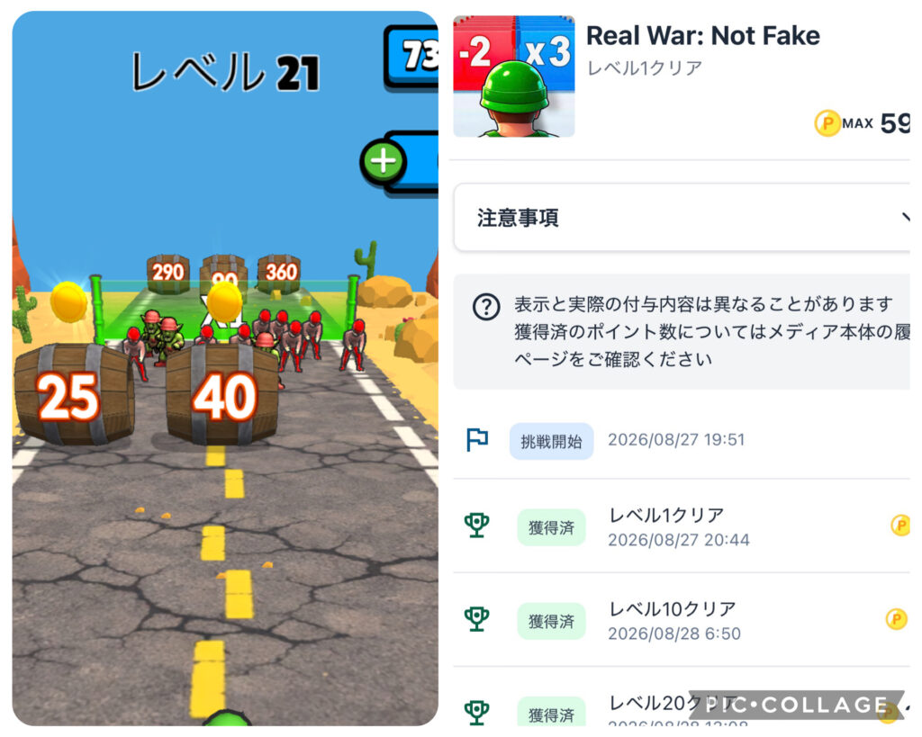レベル20をクリアしたことがわかるゲーム内画像とレベル20をクリアしたことがわかるポイント通帳の画像