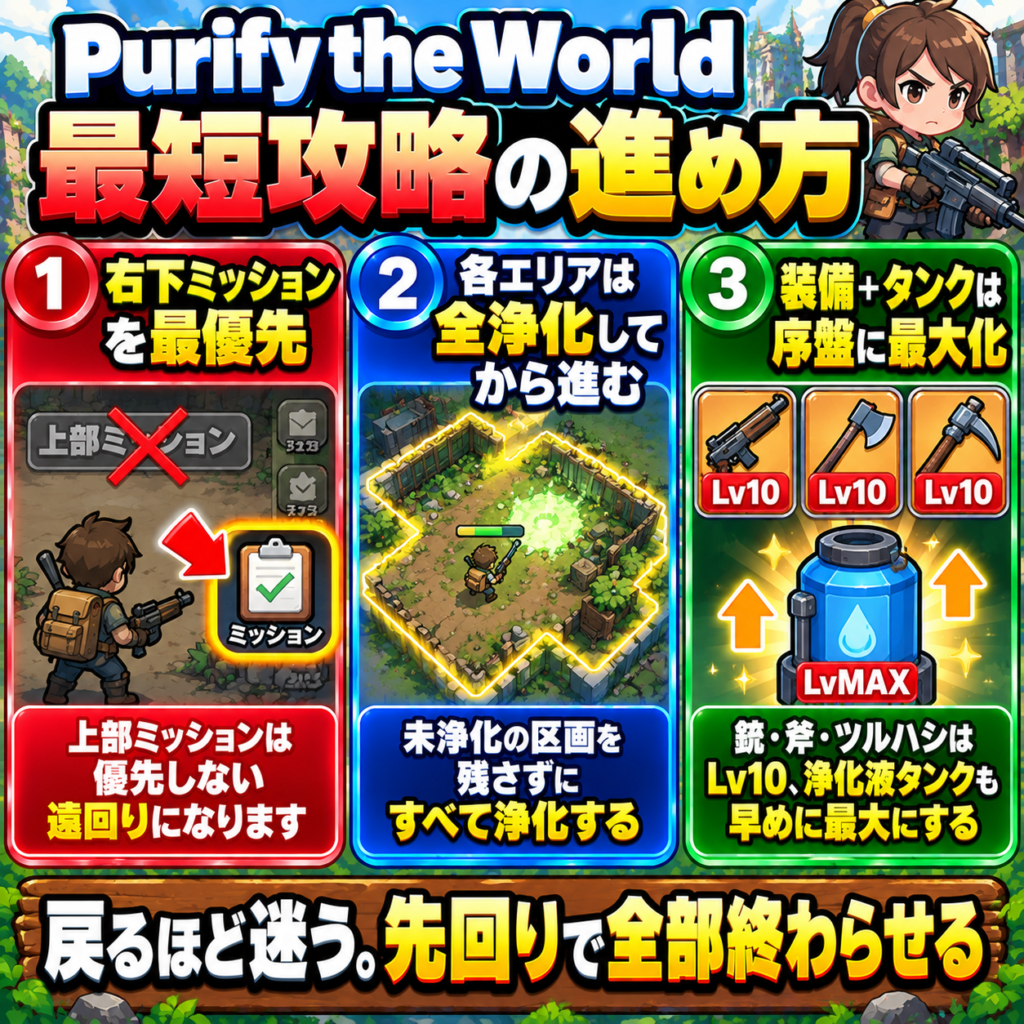 Purify the Worldの最短攻略手順を3点に絞った図解。まず画面右下のミッションを最優先で進め、各エリアは未浄化区画を残さず全て浄化してから次へ進む。さらに銃・斧・ツルハシと浄化液タンクは序盤のうちに最大まで強化し、後戻りと迷子を減らす。全体を通して「戻るほど迷うため、先回りして終わらせる」ことが重要。