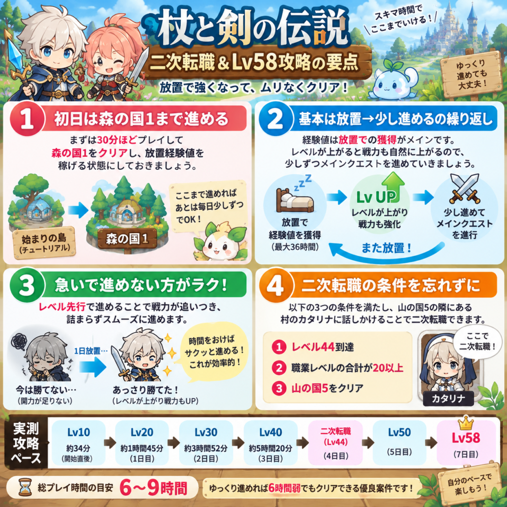 杖と剣の伝説で二次転職とLv58到達を目指すポイ活攻略の要点をまとめた図解。初日は30分ほどプレイして森の国1まで進め、放置経験値を効率よく稼げる状態を作る。その後はガッツリ進めるのではなく「放置で経験値を獲得→レベルアップして戦力も上昇→メインクエストを少し進める→再び放置」を繰り返すのが効率的。現在勝てない敵がいても、時間を置いてレベルを先行させれば戦力が上がり、翌日以降は簡単に突破できる場合があるため、急いで装備やスキル強化を繰り返すよりも放置を活用した方が少ないプレイ時間で進めやすい。二次転職には「Lv44到達」「職業レベルの合計20以上」「山の国5クリア」の3条件が必要で、条件達成後に山の国5の隣にある村のカタリナへ話しかけることで転職できる。筆者の実測攻略ペースはLv10まで約34分、Lv20まで約1時間45分、Lv30まで約3時間52分・2日目、Lv40まで約5時間20分・3日目、二次転職はLv44・4日目、Lv50は5日目、Lv58は7日目に達成。総プレイ時間の目安は6～9時間で、短期間で無理に進めるよりも、毎日少しずつプレイして放置経験値によるレベルと戦力の上昇を利用することが攻略のポイント。