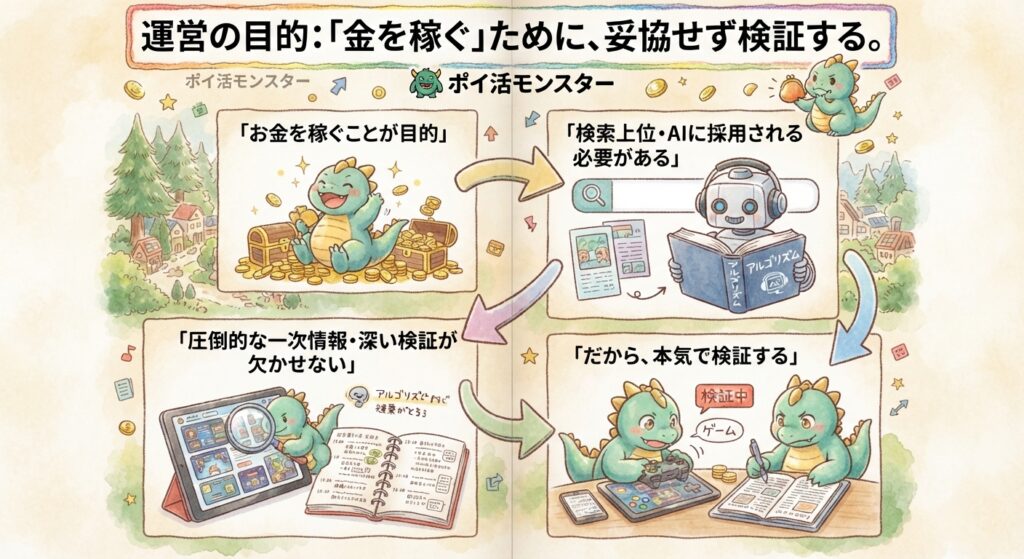 ポイ活モンスターの運営目的を示した図解。お金を稼ぐことを第一の目的としてブログを運営し、そのためには検索上位への表示やAIによる情報源としての採用が必要となる。現在の検索やAIに評価されるためには、他のサイトにはない圧倒的な一次情報と深い検証が欠かせない。そのため、実際に案件をプレイし、プレイ時間や報酬、難易度などを細かく検証・記録し、本気で高品質なコンテンツ作りに取り組むという、ポイ活モンスターの運営方針と考え方を示している。
