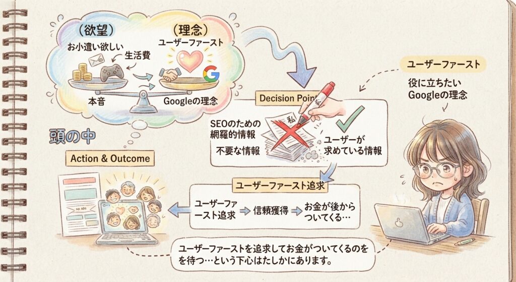 ブログ運営者の頭の中や思考プロセスを手書き風のノートにまとめた図解イラスト。左上には「（欲望）お小遣い欲しい」と「（理念）ユーザーファースト」が天秤にかけられた本音のバランス、中央にはSEOのための不要な網羅的情報を赤いペンでバッサリと削除する「Decision Point（判断基準）」の様子、下部にはユーザーファーストを追求した結果として「お金が後からついてくるのを待つ」という下心と結末が、ノートの端でPCに向かって悩む運営者のイラストとともにユーモラスに描かれています。