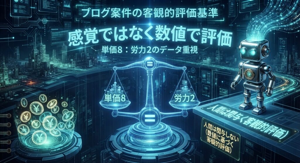 サイバー空間を背景に、レトロフューチャーなロボットがデジタルな天秤で「単価8」と「労力2」を比較しているインフォグラフィック。上部には「感覚ではなく数値で評価」という大きな日本語テキストがあり、重複する具体的な星の数や時給の表は削除されている。画面左下には日本の硬貨のホログラムが表示されている。