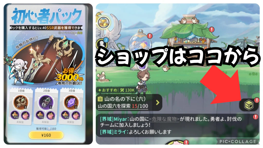 ショップの場所と初心者パック(160円)を示す画像