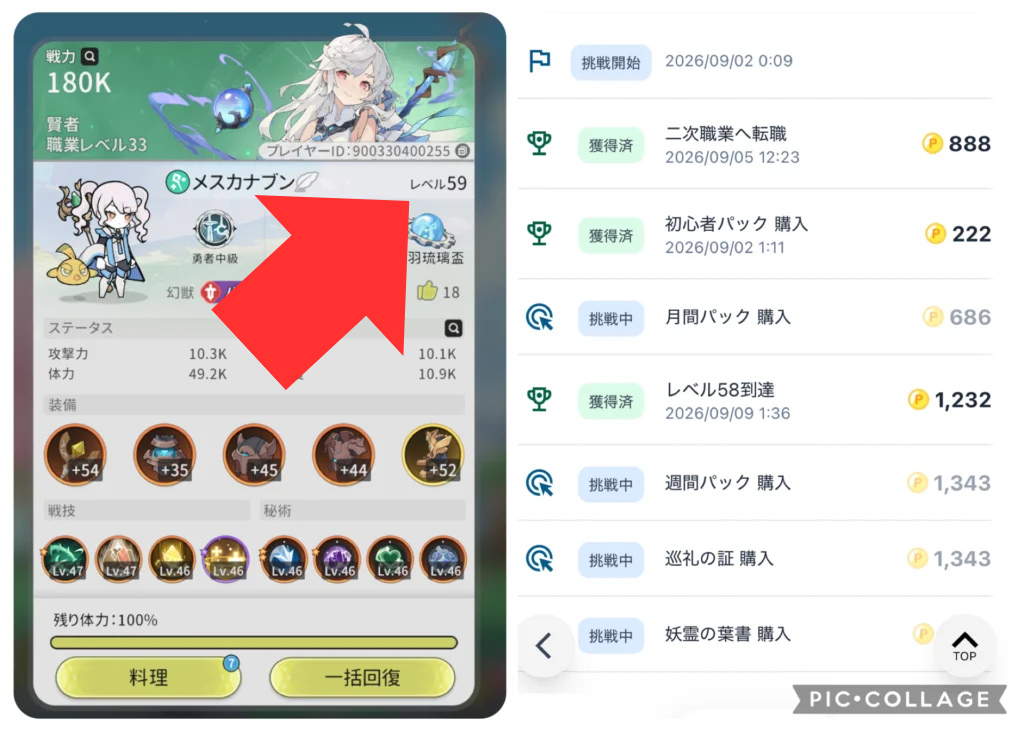 Lv58を達成したことがわかるゲーム内画像と条件を達成したことがわかるポイント通帳の画像