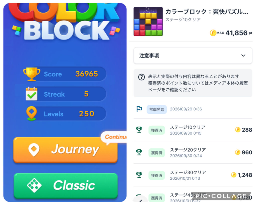 カラーブロックパズルでステージ45(レベル45)をクリアしたことがわかるゲーム内画像と、ポイントを獲得したこと(承認された)がわかる案件ページの画像
