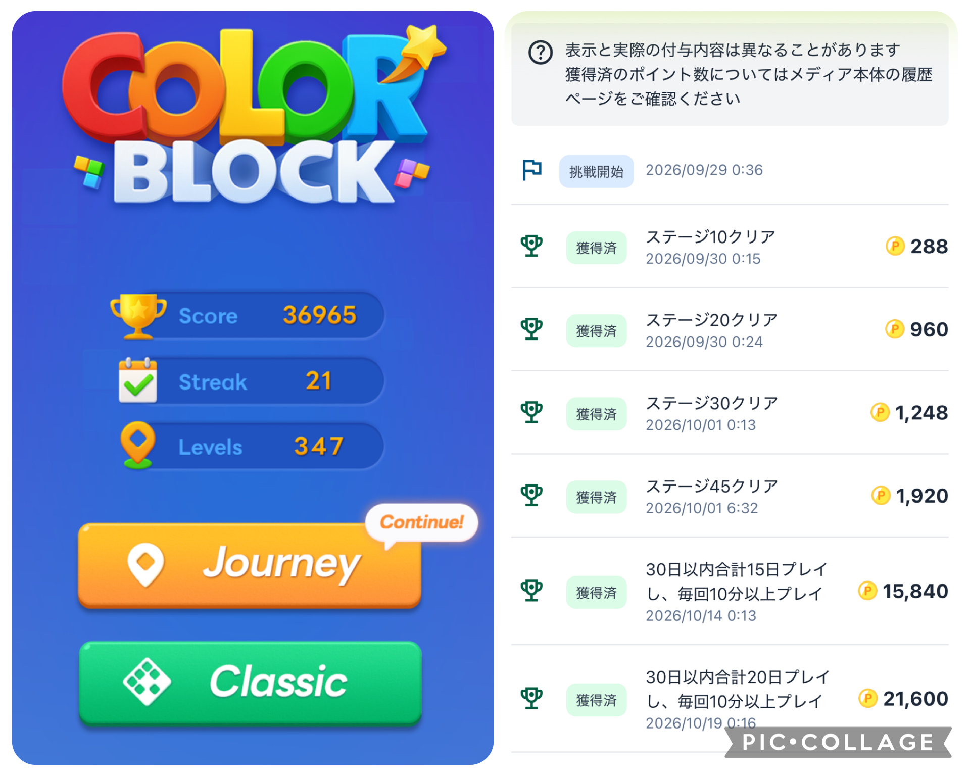 ストリーク21を達成して全ポイント獲得条件を達成(実際に検証を行った)したことがわかるポイント通帳の画像