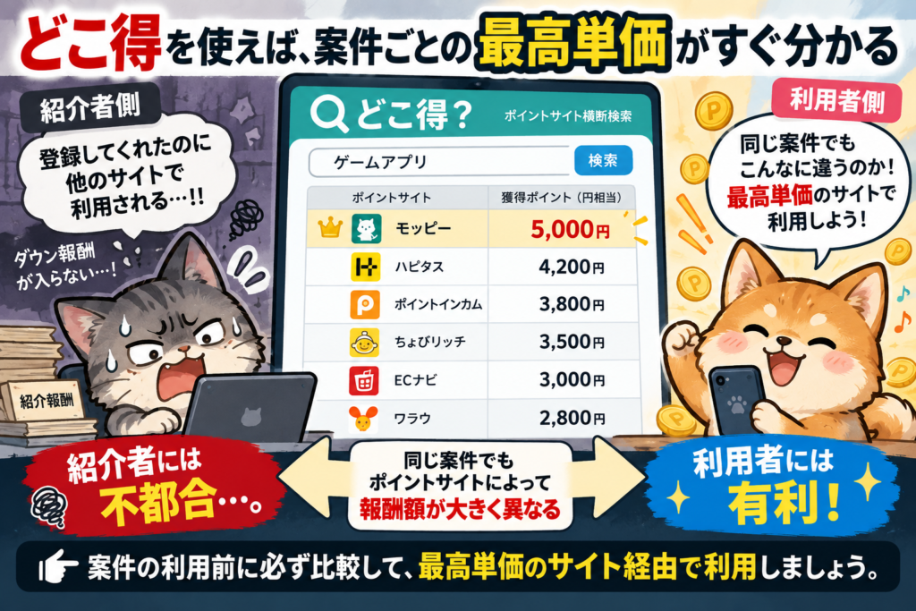 どこ得を使えば同じ案件でもポイントサイトごとの報酬額を比較でき、最高単価のサイトを選べることを示した図解。紹介者には不都合でも利用者には有利な仕組みを説明。