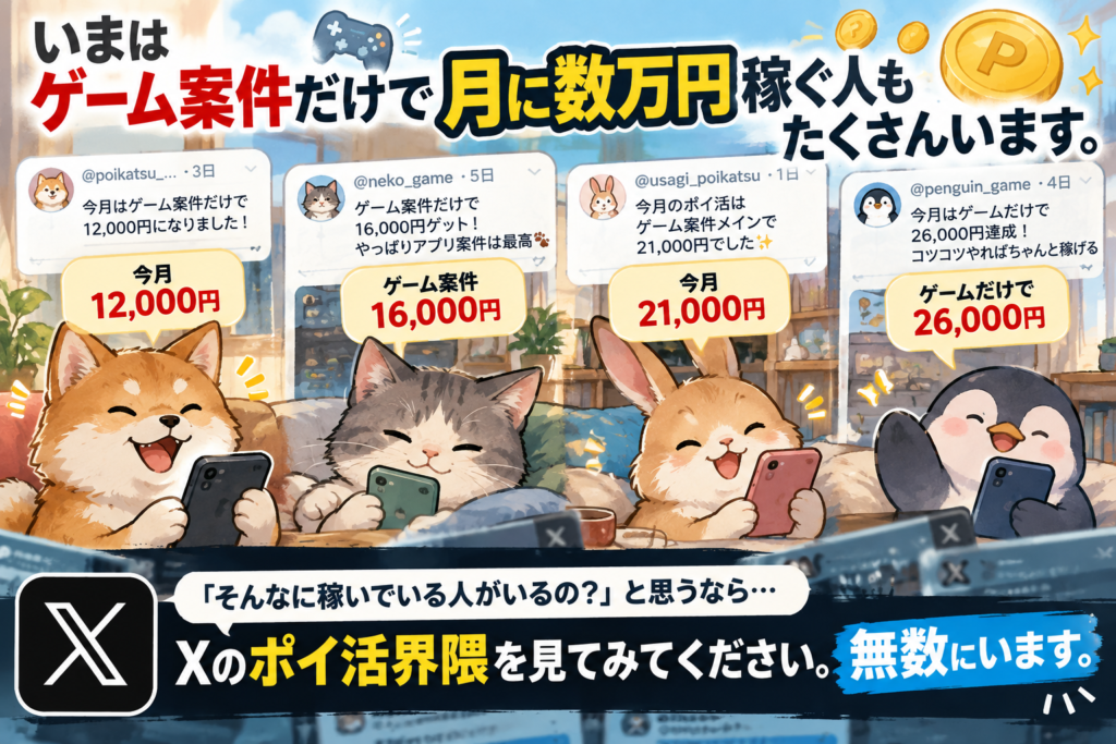ゲーム案件だけで月1万〜2万6,000円ほど稼ぐ利用者が多数おり、Xのポイ活界隈でも多くの実例を確認できることを示した図解。