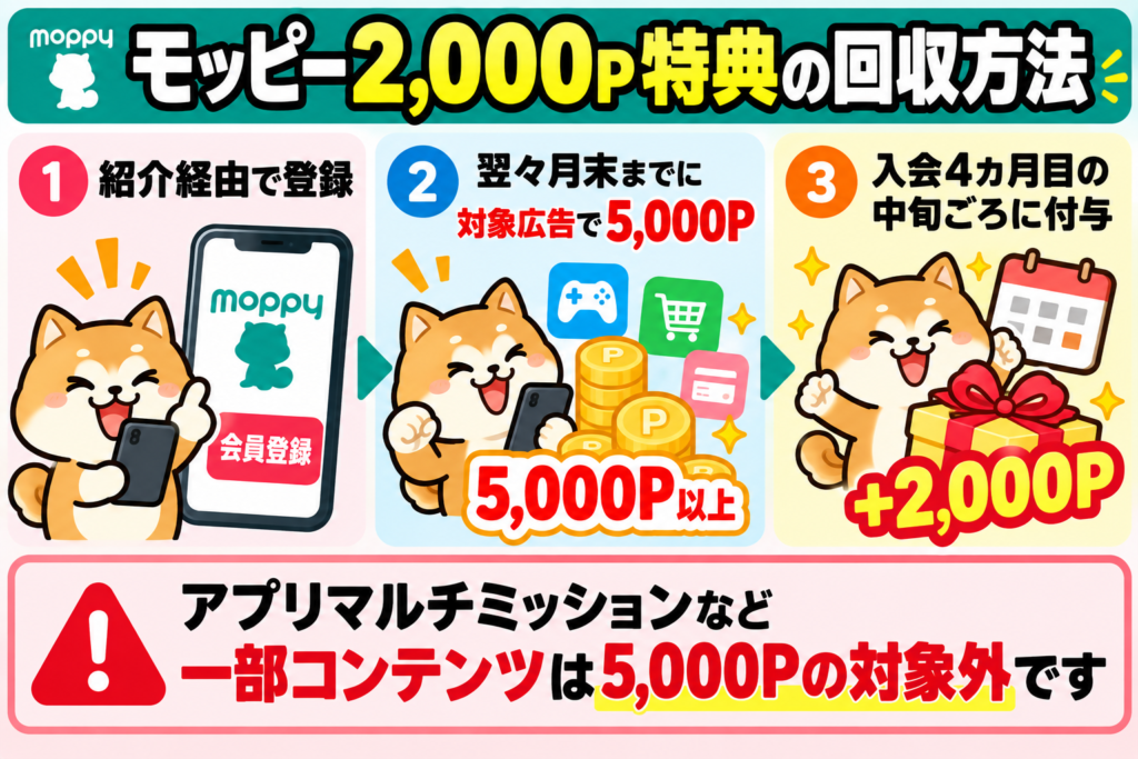 モッピーの紹介特典2,000Pは、紹介経由で登録後、入会月の翌々月末までに対象広告で5,000Pを獲得すると、入会4か月目の中旬ごろに付与されることを示した図解。アプリマルチミッションなど一部コンテンツは5,000Pの集計対象外。
