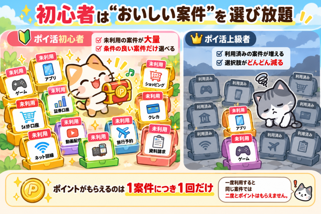 ポイ活初心者は未利用案件が多く条件の良い案件を選びやすい一方、上級者は利用済み案件が増えて選択肢が減ることを比較した図解。