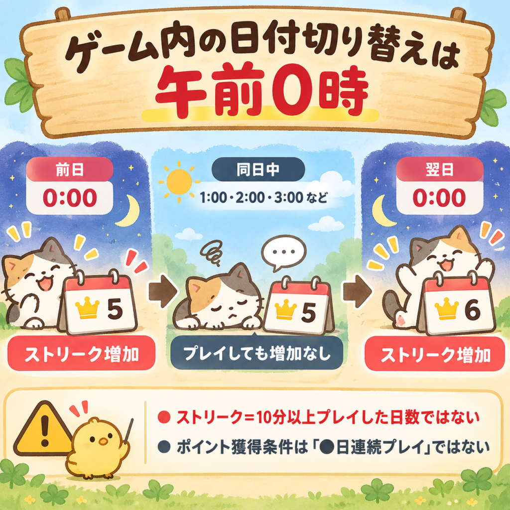 カラーブロックパズルのゲーム内日付は午前0時に切り替わり、同日中に再プレイしてもストリークは増えないことを示す図解