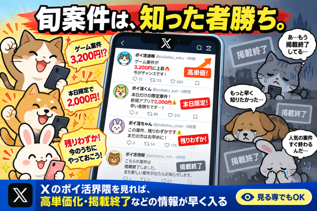 Xのポイ活界隈では、高単価化や掲載終了など旬案件の情報が早く共有され、見る専でもお得な案件を逃しにくくなることを示した図解。