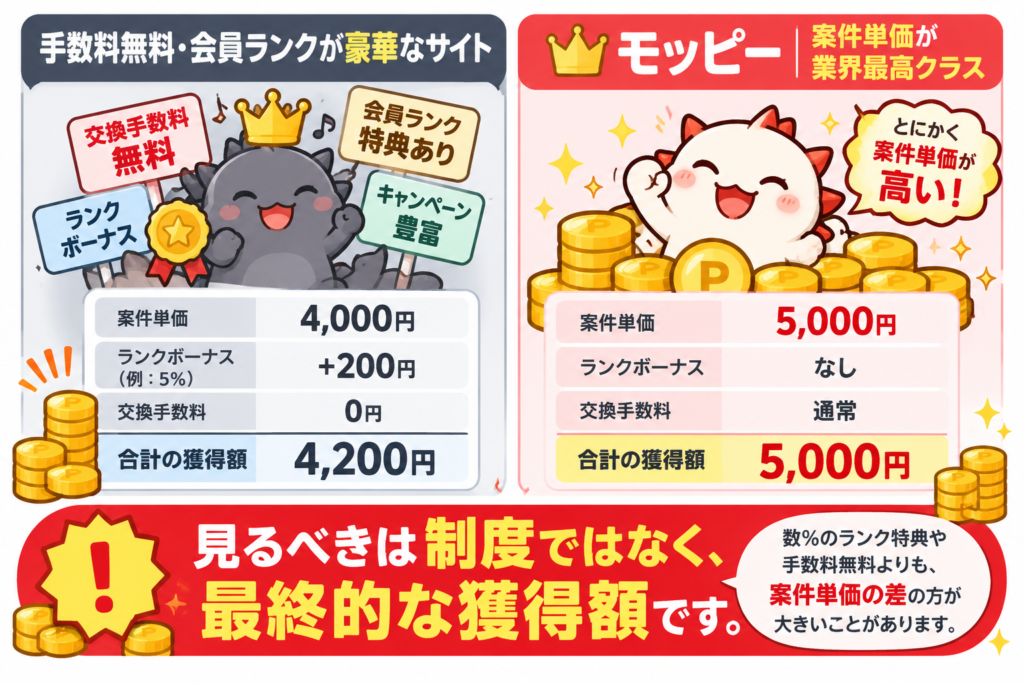 手数料無料や会員ランク特典があっても、案件単価が低ければ最終的な獲得額で負けることを比較した図解。