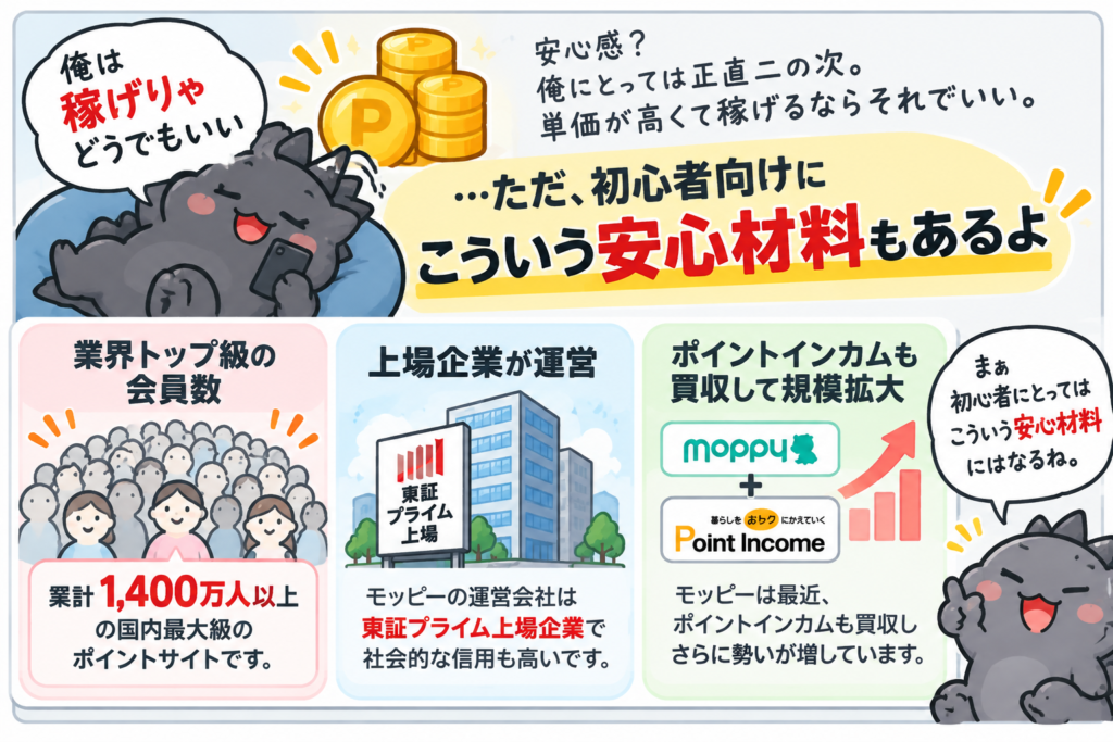 モッピーは稼ぎやすさ重視でも選べる一方、累計会員数1,400万人以上、上場企業運営、ポイントインカムの事業譲受といった初心者向けの安心材料もあることを示した図解。