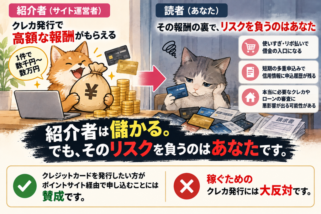 クレカ案件は紹介者に高額報酬が入る一方、申込者には借金・多重申込み・将来の審査への悪影響といったリスクがあることを示した図解。
